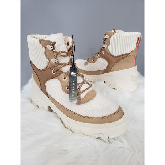 NEW SIZE 9 Sorel Brex Shearling Lace Up Boots‎ Heel Taupe Hiking Tan Winter - Picture 1 of 8